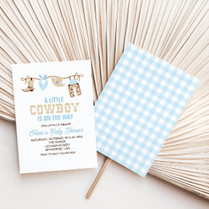 Westerse Cowboy Blauw Geruite Baby Shower Uitnodig Kaart