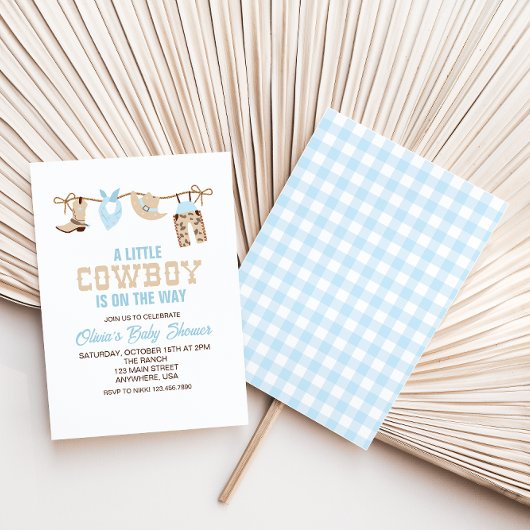 Westerse Cowboy Blauw Geruite Baby Shower Uitnodig Kaart