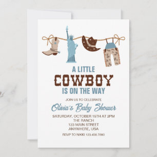 Westerse Cowboy Blauwe Geruite Baby Shower Uitnodi Kaart