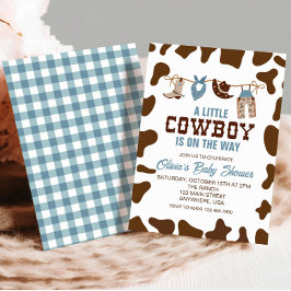 Westerse Cowboy Blauwe Geruite Baby Shower Uitnodi Kaart