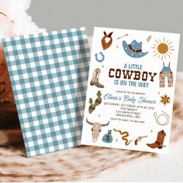 Westerse Cowboy Blauwe Geruite Baby Shower Uitnodi Kaart