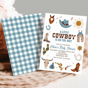 Westerse Cowboy Blauwe Geruite Baby Shower Uitnodi Kaart