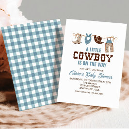 Westerse Cowboy Blauwe Geruite Baby Shower Uitnodi Kaart