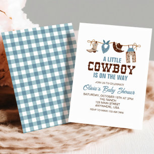 Westerse Cowboy Blauwe Geruite Baby Shower Uitnodi Kaart