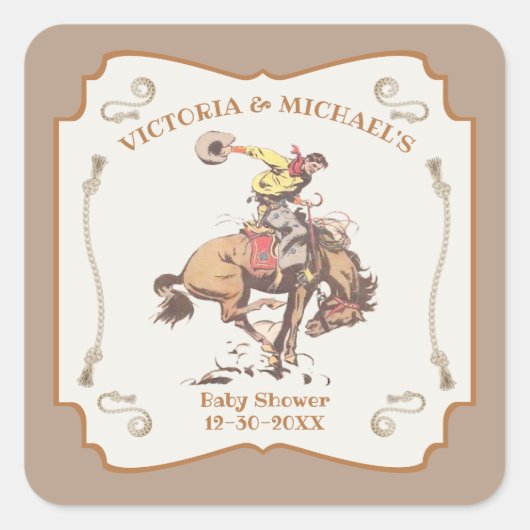 Westerse Cowboy Bokkend Paard Vierkante Sticker (Voorkant)