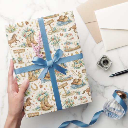 Westerse Cowboy Bruiloft Aquarel Patroon Cadeaupapier (Geschenken)
