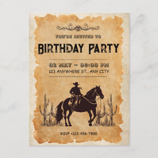 Westerse Cowboy Eerste Verjaardagsuitnodiging Briefkaart (Voorkant)