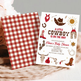 Westerse Cowboy Geruite Rode Baby Shower Uitnodigi Kaart