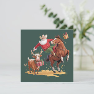 Westerse Cowboy Kerstman Kerst Rodeo Paard & Rendi Feestdagenkaart
