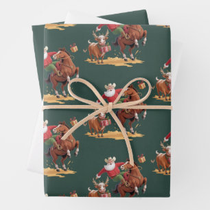 Westerse Cowboy Kerstman Kerst Rodeo Paard & Rendi Inpakpapier Vel