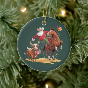 Westerse Cowboy Kerstman Kerst Rodeo Paard & Rendi Keramisch Ornament