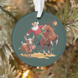 Westerse Cowboy Kerstman Kerst Rodeo Paard & Rendi Ornament
