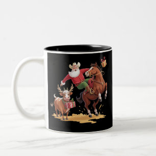Westerse Cowboy Kerstman Kerst Rodeo Paard & Rendi Tweekleurige Koffiemok