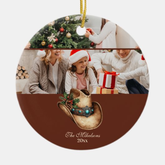 Westerse Cowboyhoed Kerstmis Keramisch Ornament (Voorkant)