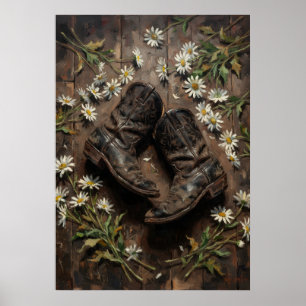 Westerse Cowboylaarzen en Madeliefjes Rustieke Blo Poster