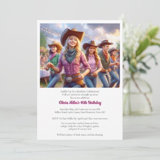 Westerse Cowgirl 16e Verjaardagsfeest Uitnodiging (Staand voorkant)