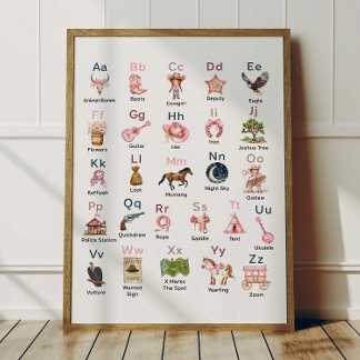 Westerse Cowgirl Alfabet ABC Poster Voor Kinderkam