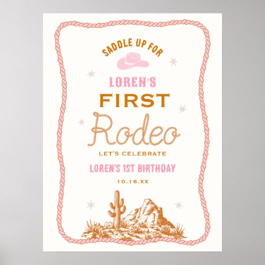 Westerse cowgirl eerste rodeo 1e verjaardag welkom poster (Voorkant)
