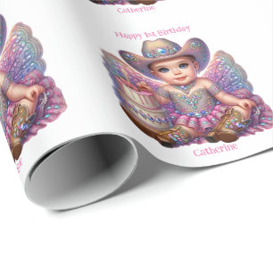 Westerse Cowgirl Eerste Verjaardag Custom Cadeaupapier