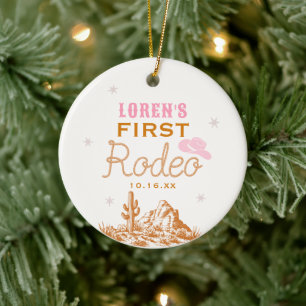 Westerse Cowgirl Eerste Verjaardag Rodeo Keramisch Ornament
