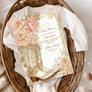 Westerse Cowgirl Laarzen Bloemen Baby Shower Folie Uitnodiging