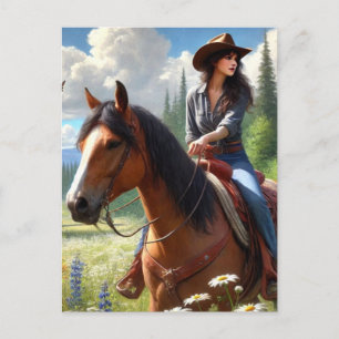 Westerse Cowgirl Rijdt Paard Ansichtkaart Briefkaart