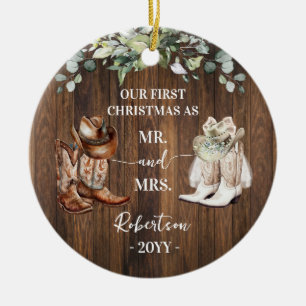 Westerse eerste kerst als meneer & mevrouw Cowboy  Keramisch Ornament
