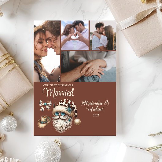 Westerse eerste kerst getrouwd 5 foto feestdagenkaart