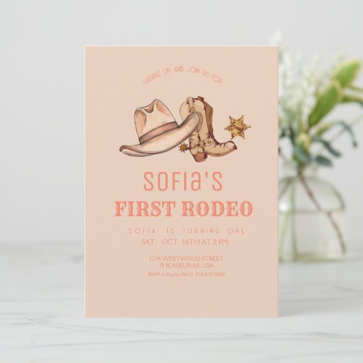 Westerse Eerste Rodeo Cowgirl Roze Verjaardagsfees Kaart (Staand voorkant)