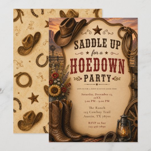 Westerse Hoedown Feest Kaart (Voorkant / Achterkant)