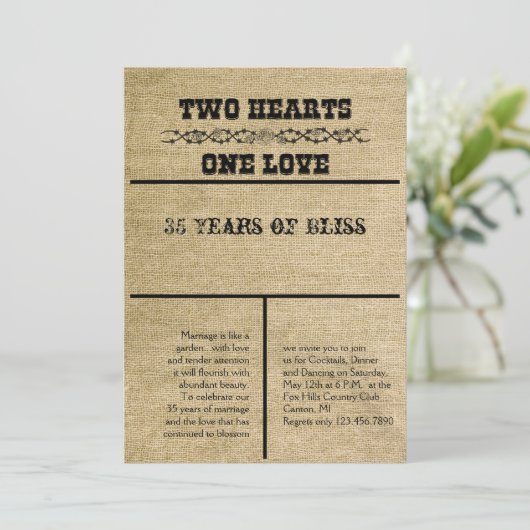 Westerse Jute Uitnodiging voor Jubileum (Staand voorkant)