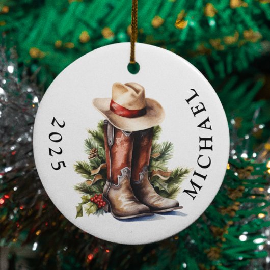 Westerse Kerst Cowboy Laarzen Hoed Naam Keramisch Ornament
