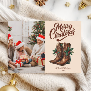 Westerse Kerst Foto met Boog en Laarzen Feestdagenkaart