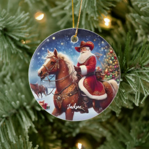 Westerse Kerstman die op een paard rijdt Kerstmis Keramisch Ornament
