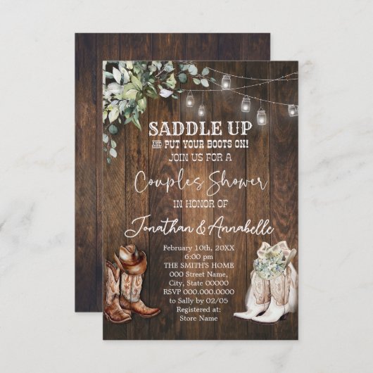 Westerse koppel shower uitnodiging, Rustieke Cowbo RSVP Kaartje (Voorkant / Achterkant)