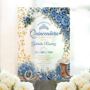 Westerse laarzen Blauwe rozen Gouden Quinceañera Acryl Uitnodigingen