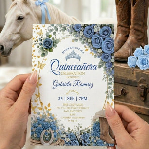 Westerse laarzen blauwe rozen gouden Quinceañera Kaart