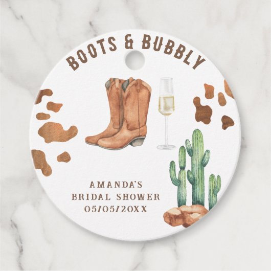 Westerse laarzen & bruisende bruids-shower bedankjes labels (Voorkant)