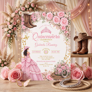 Westerse laarzen Roze rozen Gouden Quinceañera Kaart