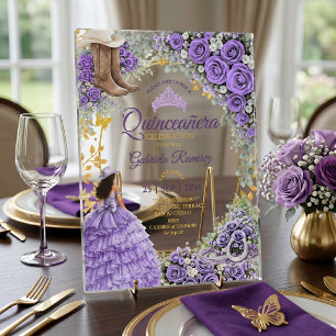Westerse lavendelrozen Gouden land Quinceañera Acryl Uitnodigingen