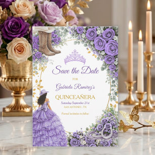 Westerse lavendelrozen Gouden land Quinceañera Save The Date
