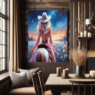 Westerse Nacht Cowgirl geschilderde print Perfect Poster