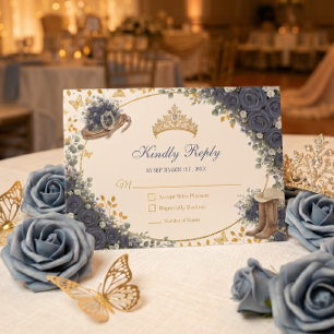 Westerse Navy Blauwe Roos Gouden Land Quinceañera RSVP Kaartje