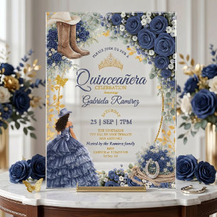 Westerse Navy Blauwe Rozen Gouden Land Quinceañera Acryl Uitnodigingen