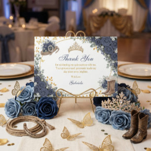 Westerse Navy Blauwe Rozen Gouden Land Quinceañera Bedankkaart
