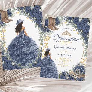 Westerse Navy Blauwe Rozen Gouden Land Quinceañera Kaart
