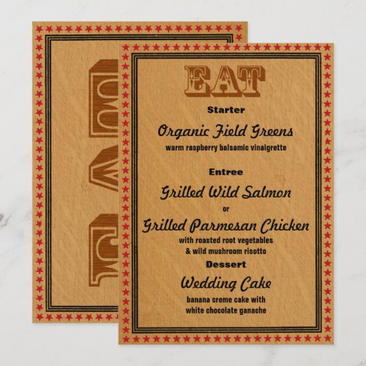 Westerse Ontvangstfeest Dinner Menu Kaart (Voorkant / Achterkant)