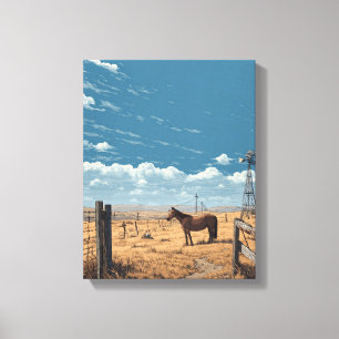 Westerse paard-afrastering blauwe lucht kunst canvas afdruk