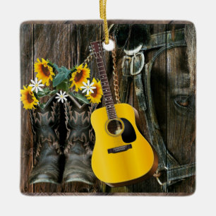 Westerse paard Cowboylaarzen Gitaar Zonnebloemen Keramisch Ornament