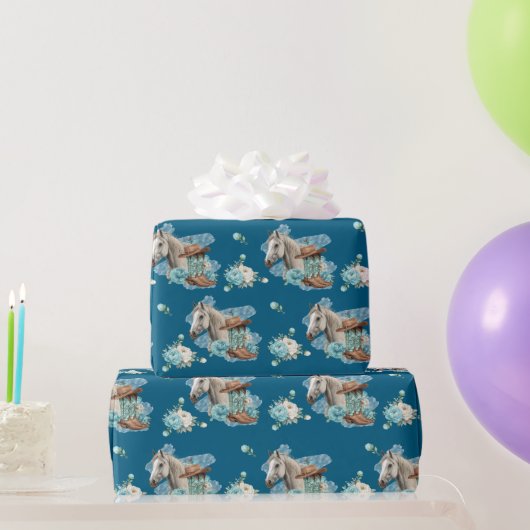 Westerse paard verjaardag inpakpapier – Navy (Feestgeschenken)
